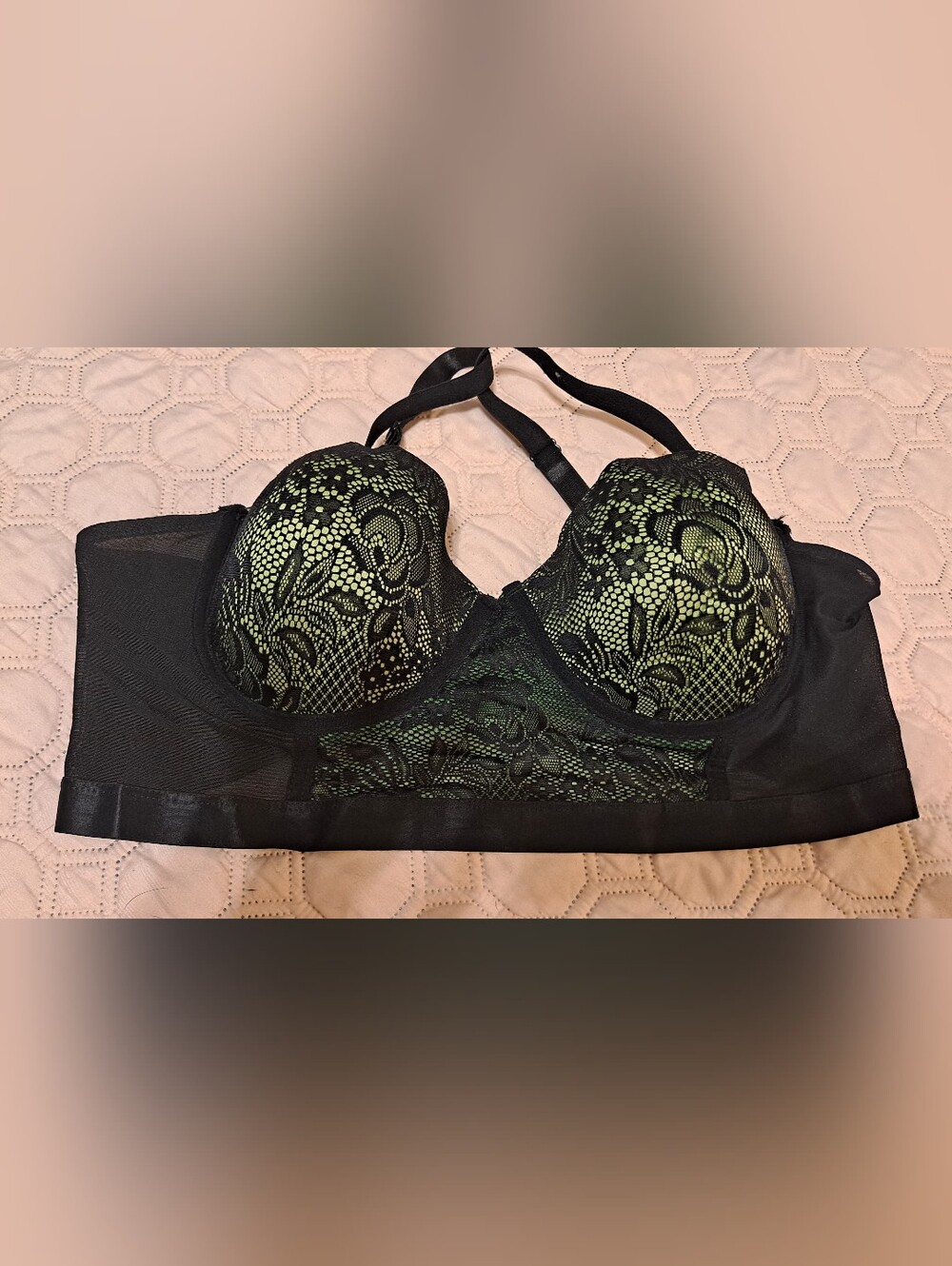 Black Lace Overlay Longline Bra with Green Underlay Underwire 1X/2X